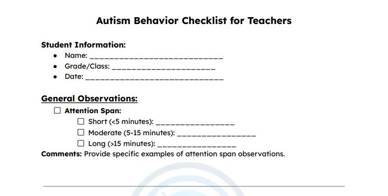 Autism Behavior Checklist for Teachers