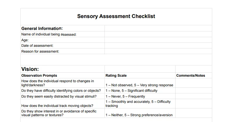 Sensory Assessment Checklist