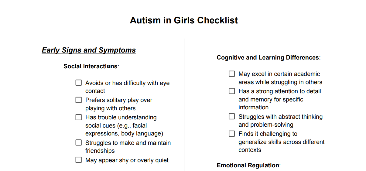 Autism in Girls Checklist