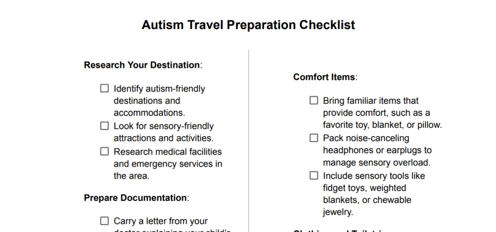 Autism Travel Preparation Checklist