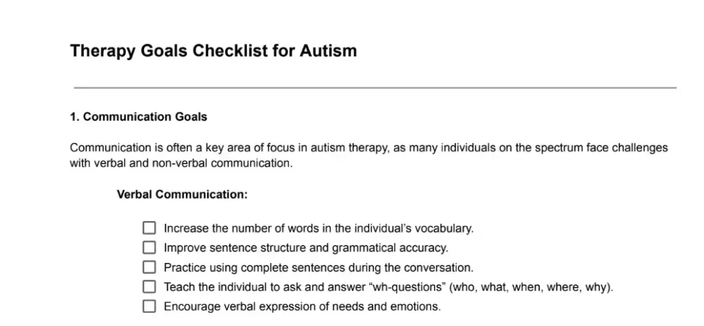 Therapy Goals Checklist for Autism