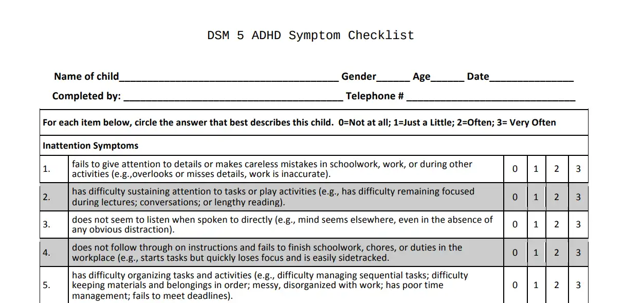 DSM 5 ADHD Symptom Checklist