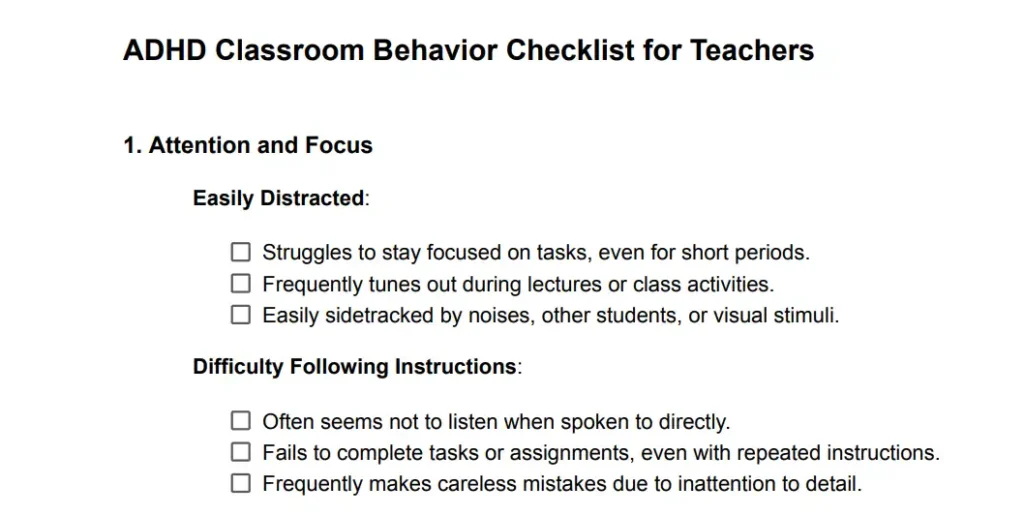 ADHD Classroom Behavior Checklist for Teachers