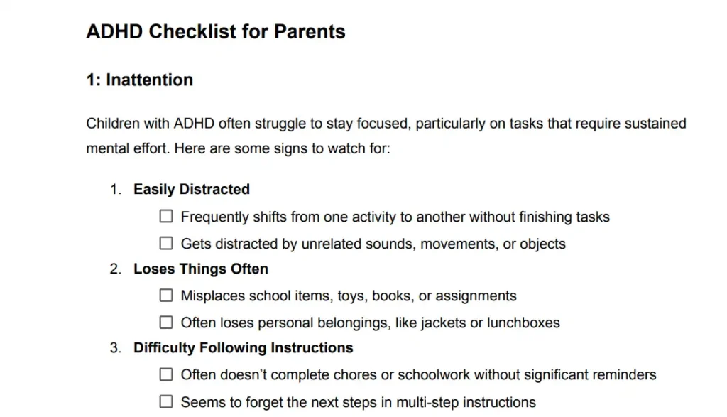 ADHD Checklist for Parents