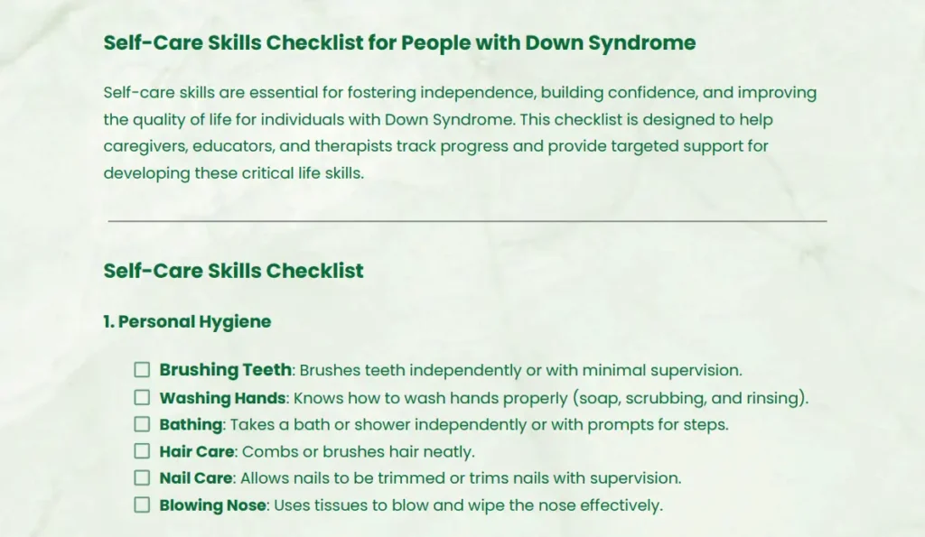 Self-Care Skills Checklist for People with Down Syndrome