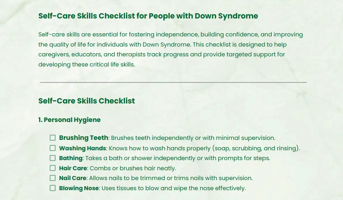 Self-Care Skills Checklist for People with Down Syndrome