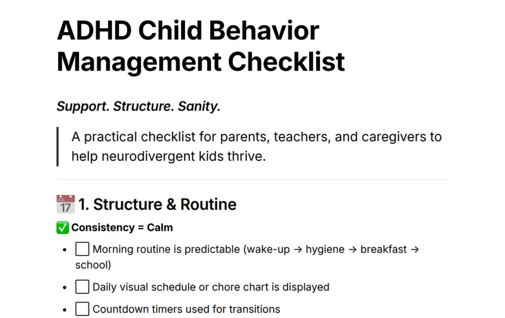 ADHD Child Behavior Management Checklist