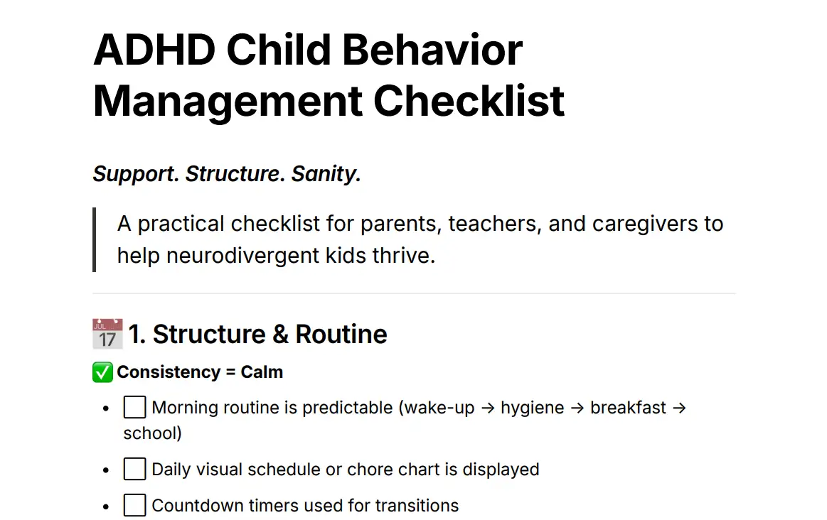 ADHD Child Behavior Management Checklist