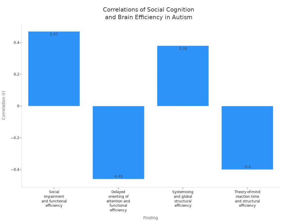 correlations between social cognition measures and brain efficiency in autistic individuals
